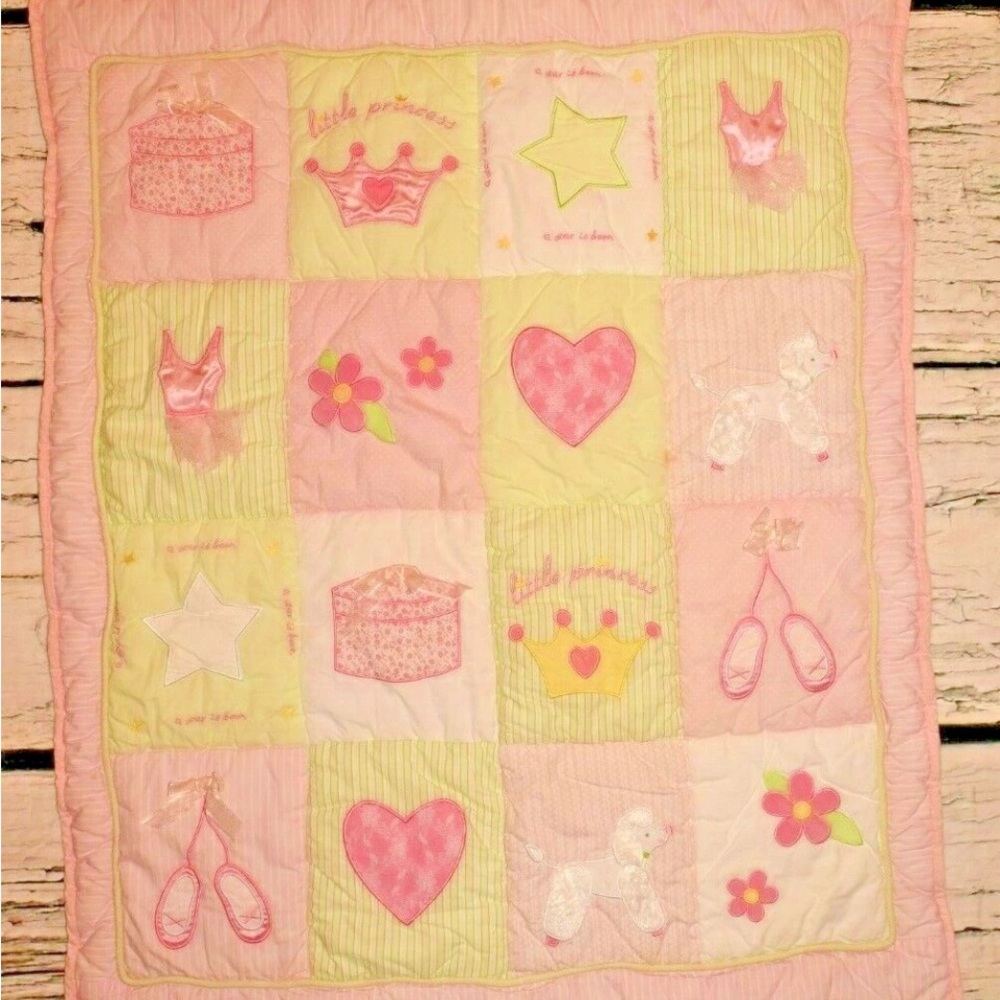 Lambs and Ivy Pink and Green Reversible Baby Quilt with Princess Theme